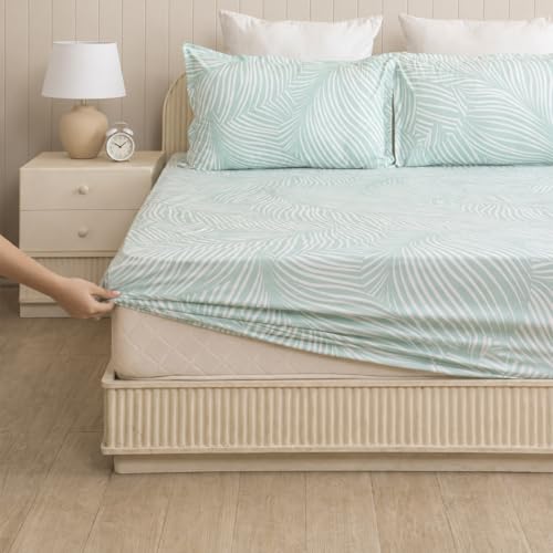 Image of HOMEMONDE 186 TC Soft Cotton Fitted Sheet Feather Printed Queen Size Elastic Fitted Bedsheet with Two Pillow Covers - (78 x 72 Inches, Mint Green Feather) | Perfect for Home Decor & Gifting
