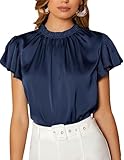 Maysoar Satin Blouses for Women Short Sleeve Silk Shirt Office Frill Mock Neck Top Navy Blue XXL