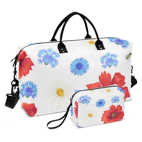 Poppies Daisies and Cornflowers Travel Duffle Bag, Large Weekender Overnight Bags for Women Men Waterproof Carry on Shoulder Tote Bags for Hospital Maternity Mommy Gym with Toiletry Bag