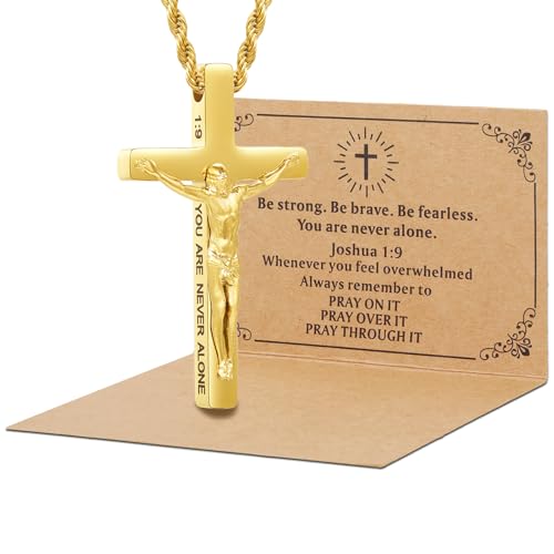 DS Christian Cross Necklace for Men Women-18K Gold Stainless Steel Crucifix Necklaces with Inspirational Bible Verse Religious Gift for Prayer Faith Jesus/God-Catholic Christian Pendant Jewelry