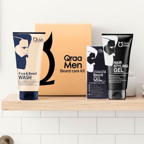 Image of Qraa Beard Care Kit for Men | Beard Oil for Growth & Nourishment, Face & Beard Wash for Deep Cleansing, Hair Styling Gel for Strong Hold | Suitable for All Skin & Hair Types | Set of 3