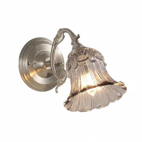 AOIOOI Elegant Italian Style Wall Sconce,Vintage Clear Fluted Glass Bell Shade Bedside LED Wall Lamp with Elegant Iron Arm,Cottagecore Floral Vanity Lighting for Bedroom,Living Room,Hallway,7.87"