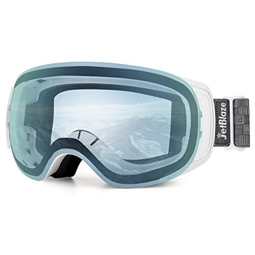 JetBlaze Ski Goggles, Magnet Interchangeable Spherical Lens Snow Goggles, UV400 Protection Snowboard Goggles, Anti-Fog Snowmobile Goggles with Anti-Slip Strap for Men Women Youth Adult (Ice Blue)