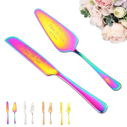 NGTSFLY Personalized Cake Cutting Set for Wedding, Custom Stainless Steel Cake Knife and Server Set for Wedding, Anniversary, Birthday, Graduation Gift (Colorful)