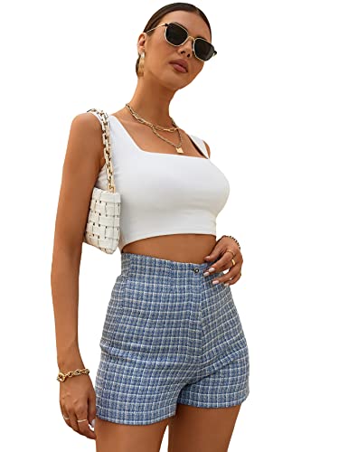 Floerns Women's Plaid Print High Waist Straight Leg Elegant Workout Shorts Blue L #TOP17