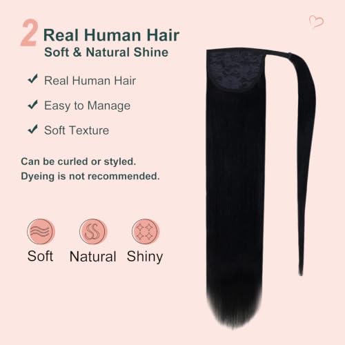 Image of Easyouth Pony Tail Extensions Human Hair for Black Women, Jet Black, 14 Inch 70G, Real Hair Ponytail Extension, Wrap Around Ponytail, for Women