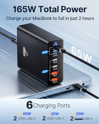 USB C Charger Block, 165W GaN 6 Port USB C Fast Charging Station Hub Block Wall Charger Power Strip Adapter Plug Cube for iPad iPhone 15 14 13 12 11 Pro Max Pixel Note Galaxy MacBook Air