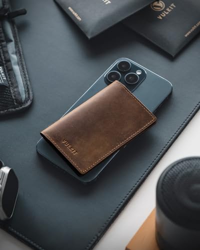 Image of VULKIT Genuine Leather Business Card Holder 2 Sided Slim Business Name Card Organizer for Men or Women, up to Hold 20 cards (Genuine Dark Brown)