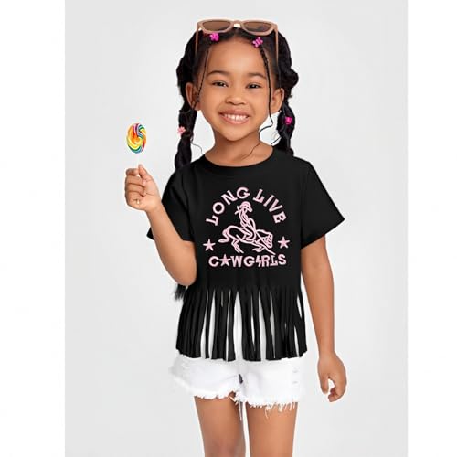 Image of Girls Western Shirt Cowgirls Embroidered Country Concert T Shirt Graphic Horseback Rider Tassel Fringe Tee Tops