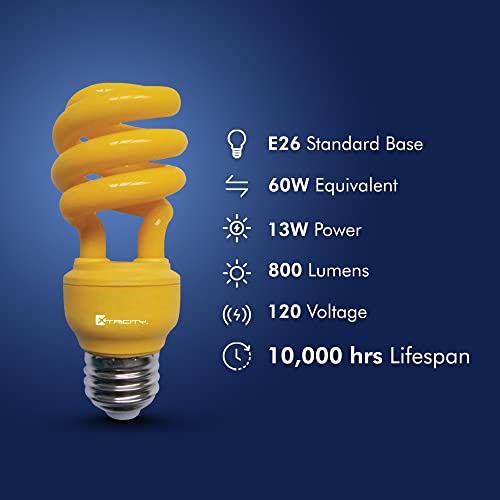 Image of Xtricity Yellow Bug Light Bulbs Compact Fluorescent T2 Spiral, E26 Base, 13W (60W Equivalent), 800 Lumens, Outdoor, CFL, 120V - UL Listed (1 Pack)