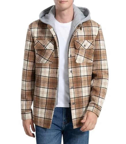 INVACHI Men's Flannel Jacket Hooded Thicken Warm Plaid Sherpa Lined Flannel Fleece Shirt Button Down Winter Coats 6