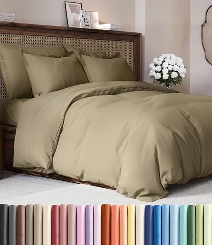 Image of Duvet Cover Queen Size Set - Extra Soft Queen Duvet Cover 90 inch x 90 inch with 2 Pillow Shams for Women, Men, Kids & Teens - Hotel Luxury, Easy-Care w / Zipper Closures & Ties - Comfy and Breathable (Khaki)
