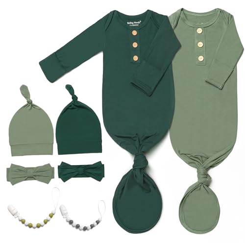Image of 2PK Silky Soft Newborn Knotted Gown, Snuggly Infant Sleeper for Baby Girls, Sleepwear Set with Mittens, Bowknot, Clip and Hat