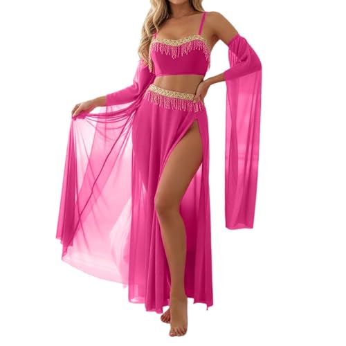 Vhersily Disfraz de Danza del Vientre Mujer Completo Top Corto Pantalones Falda Gasa Mangas Desmontables Danza Etnica para Oriental Disfraces Carnaval Estilo Trendy y Fiesta Vibrante para Party Club