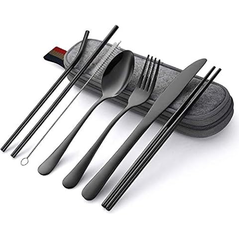 WELLXUNK 8 Stück Bestecksets,Reisebesteck,Reise Camping Besteck,Tragbare Utensilien Set Aus Edelstahl,Besteck Set Matt,Campingbesteck Aus Edelstahl Mit Etui Cover