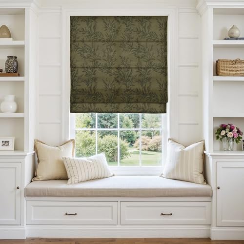 Image of TWOPAGES No Drill Cordless Vintage Leaf Print Roman Shades Linen Textured Roman Blinds for Windows, Custom Made Room Darkening Light Filtering Roman Window Shades, Brown Olive, 1 Piece