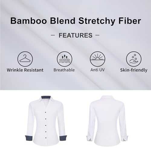 WARHORSEE Womens Button Down Shirt Long Sleeve Work Dress Shirts, V Neck Easy Care Stretchy Business Casual Blouses for Women(Blue,m)