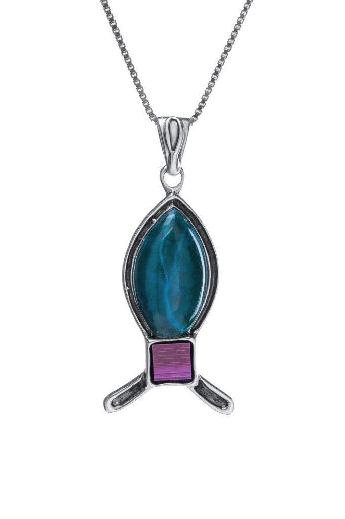 Pendentif Ichthys en argent et pierre d'Eilat de Terre Sainte