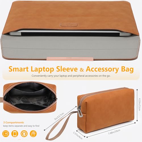 HYZUO 13.3-14 Inch Laptop Sleeve Bag with Stand Feature Compatible with MacBook Pro 14 M3/M2/M1 Pro/Max A2992 A2918 A2779 A2442 2024-2021, MacBook Air 13 2017-2012, Case with Pouch, Brown(with Trim) - Image 2