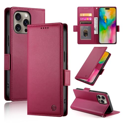 Étui iPhone 17 Pro rouge housse portefeuille magnétique en cuir à rabat