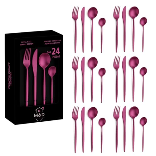 Image of Sterling Set | Satin Finish French Style Stainless Steel Flatware Set with Giftable Box | Dishwasher Safe Tableware for Home, Restaurant & Corporate Gifting (Raspberry Purple, 24 Pieces)