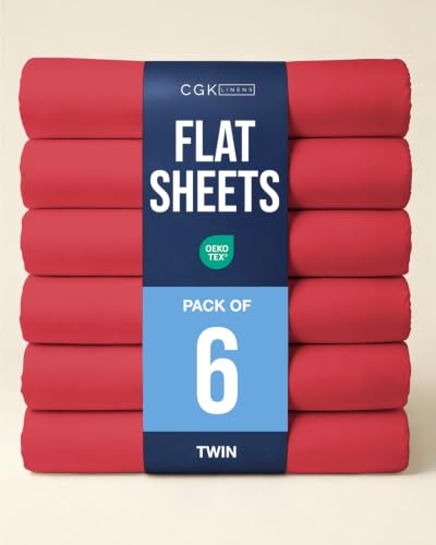 Twin Size Flat Sheet - Pack of 6 Top Flat Bed Sheet Only - Red