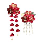 [JZOON] 髪飾り2点セット 成人式 七五三 浴衣 袴 着物 振袖 和装 つまみ細工 花 卒業式 結婚式 鈴付き 手作り 赤 黄 紫 ピンク グレー 白と青 6色