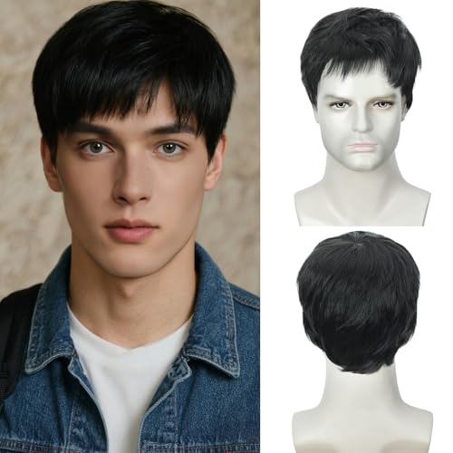 Image of Creamily Black Short Straight Hair Wig for Men, Natural Looking Full Head Wig for Men, Comfortable Artificial Realistic Hair Wig Male for Daily Party (Black, 8 Inches)