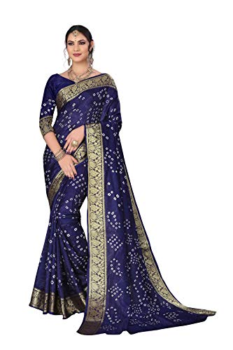 Divine International Trading Co Women's Art Silk Bandhani Sarees with Blouse Piece (GoldenBorder-Blue)
