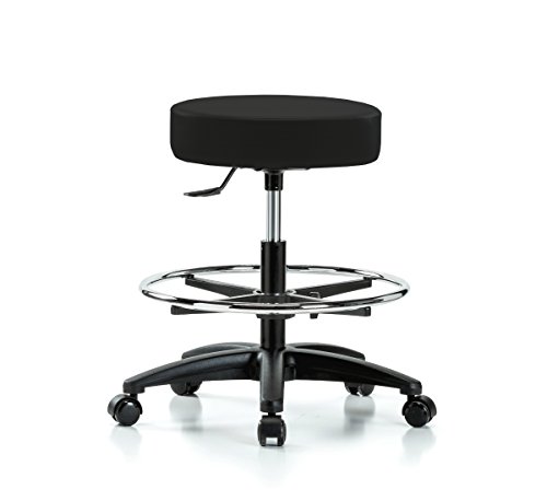 Perch Rolling Single Lever Height Adjustable Swivel Stool with Foot Ring for Carpet or Linoleum, Workbench Height, Black Fabric