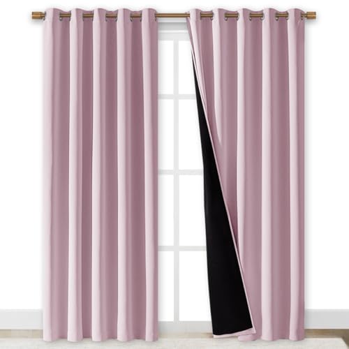 Image of NICETOWN 100% Blackout Window Curtain Panels, Baby Pink, 2 PCs, 62 inch Wide Each Panel, Cold and Full Light Blocking Drapes with Black Liner for Nursery, 84 inches Drop Thermal Insulated Draperies