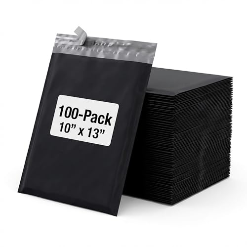 Image of BOX USA Shipping Bags 10 inch x 13 inch (100-Pack) Black - Heavy Duty Self-Adhesive Envelope Poly Mailers for Packing, Secure Shipping, & Small Business Mailing