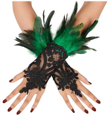 keland Feder Handschuhe Halloween Spitzenhandschuhe Federhandschuhe Maleficent Kostüm Damen (Grün)