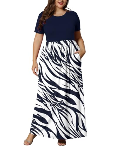 Image of KARALIN Women Plus Size Maxi Dress Short Sleeve Round Neck Loose Fit A-Line | Plus Size Long Dress,Summer Casual Maxi Dresses,Short Sleeve,Side Pockets,Round Neck,Elastic Waist,14 Plus - 26 Plus