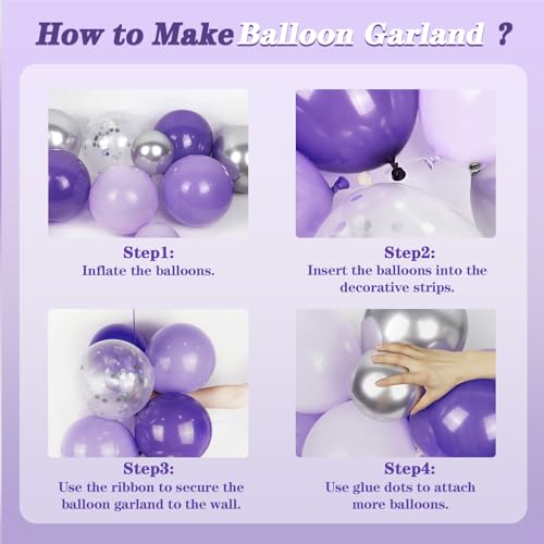 Image of 147pcs Purple Balloon Garland Arch Kit, Different Sizes with Dark Purple Light Purple Metallic Silver Confetti Lavender Latex Balloons for Baby Shower Wedding Birthday Party Decorations