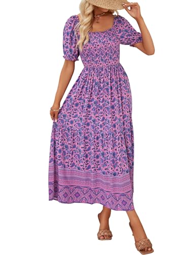 Image of ZESICA Women's 2026 Summer Boho Floral Print Dress Square Neck Ruffle Swing Beach Vacation Long Maxi Dresses