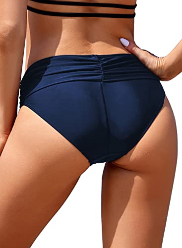 Image of SHEKINI Women's Swimsuit Hipster Bikini Bottoms Full Coverage Ruched High Waisted Swim Bottoms