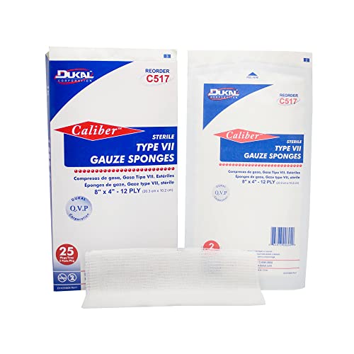 Dukal Type VII Gauze Sponges 8" x 4". Pack of 50 Sterile Wound Pads. 100% Ð¡otton Gauze Sponges 12-ply. Wound Care Dressing Pads for Cleaning, Prepping or Packing. Wound Care Gauze Bandages, C517