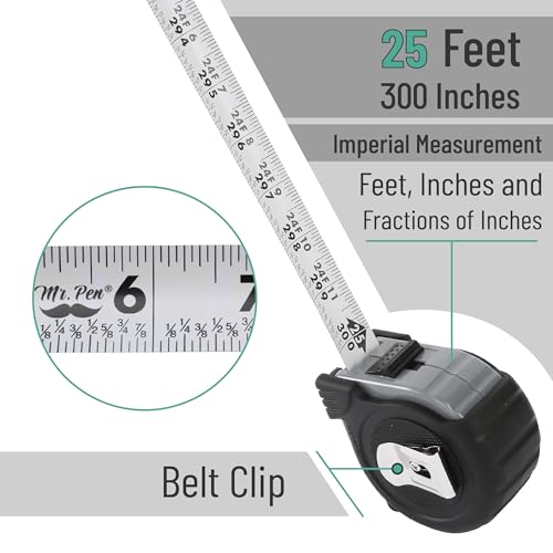 Image of Mr. Pen- 25-Foot Steel Measuring Tape, Gray, With Fractions, Easy Read, Retractable