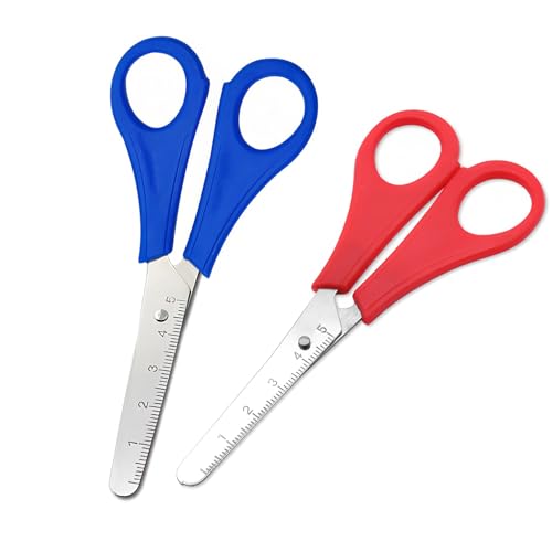 2 Pcs Kids Scissors, Compact Style, Blunt Tip Safety Scissors with cm-Scale, Plastic Handle, Blue, Stainless Steel, Ideal for Crafts & Home School Projects