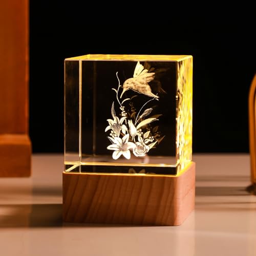 LONGWIN 3D Crystal Humming Bird Gifts for Women Led Night Light, Glass Laser Engrave 50mm Cube Gifts for Mom Girlfriend Birthday, Valentines Day, Mothers Day