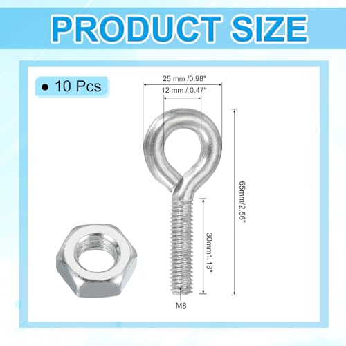 Image of PATIKIL M8x30mm Eye Bolts, 10 Pcs Carbon Steel Threaded Eyebolt Eye Hooks Screws with Nut for Hanging or Securing Cables Silver