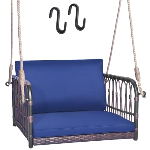 KOMFOTTEU Sillón colgante colgante de ratán de polietileno, silla colgante de exterior con 2 cojines acolchados, silla mecedora colgante con 2 cuerdas colgantes robustas para jardín, porche, terraza,