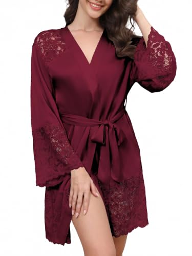Anetyflying Women Slik Robes Lace Trim Stain Kimono Bathrobe for Bridesmaid - image 1