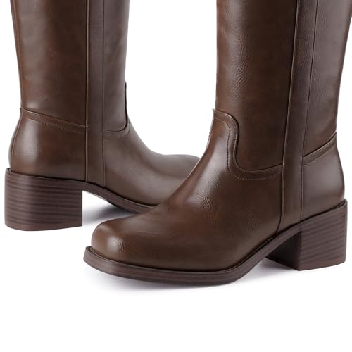 Image of Gothictor Women's Banana Knee High Boots Square Toe Chunky Block Heel Comfortable Low Heel Pull on Wide Calf Riding Long Boots for Women