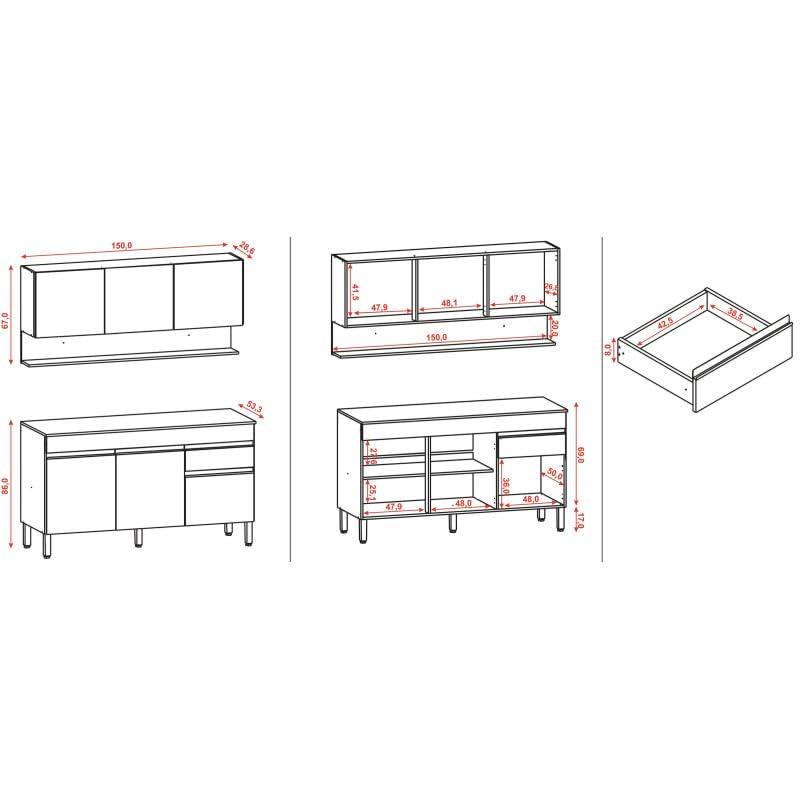 Cuisine Equipée 6 Portes 1 Tiroir Chêne et Gris L 150 H 200 P 53.3 cm
