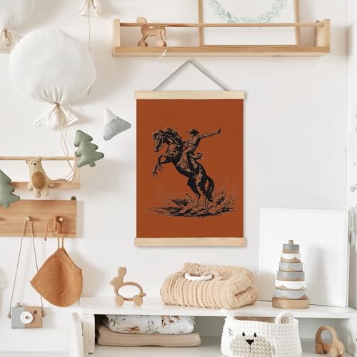 Image of PQKIY Burnt Orange Vintage Western Cowboy Wall Art Poster Hanger Frame 12x16 in, Western Cowboy Equestrian Rodeo Horse Wall Decor Canvas Prints for Home Room Office Men Cave