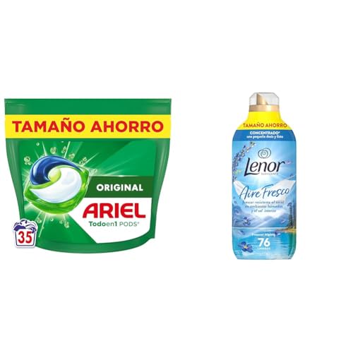 Ariel Todo En 1 PODS, Detergente Líquido Para Lavadora 35 Capsulas/Pastillas, Original, 5 Acciones, Limpieza Increíble + Lenor Aire Fresco Suavizante Para Ropa Frescor Alpino 76 Lavados, 1.064L