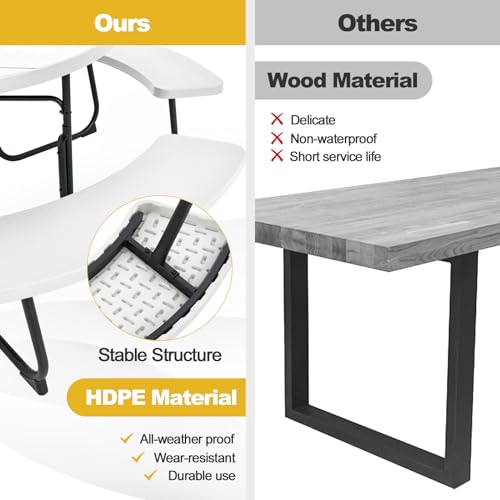 Image of Tangkula 8 Person Picnic Table, Outdoor Round Picnic Table with 4 Built-in Benches, Umbrella Hole, Metal Frame & HDPE Tabletop, Outside Table and Bench Set for Backyard, 2300lbs Weight Capacity