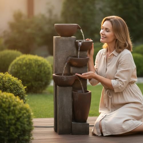Image of SunJet 5-Tier Outdoor Water Fountain Resin Fountain Decor with LED Lighting Natural Polyresin Looking Stone Decor for Garden Patio Fold Court Yard Deck 12.99 inch L x 13.78 inch W x 39.76 inch H